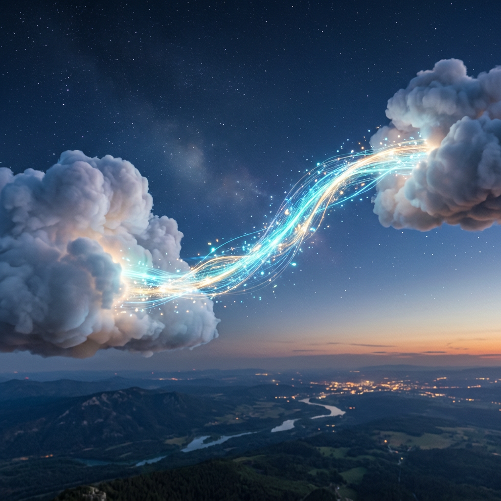 Two large clouds connected by glowing blue and gold energy strands in a starry night sky over a river valley